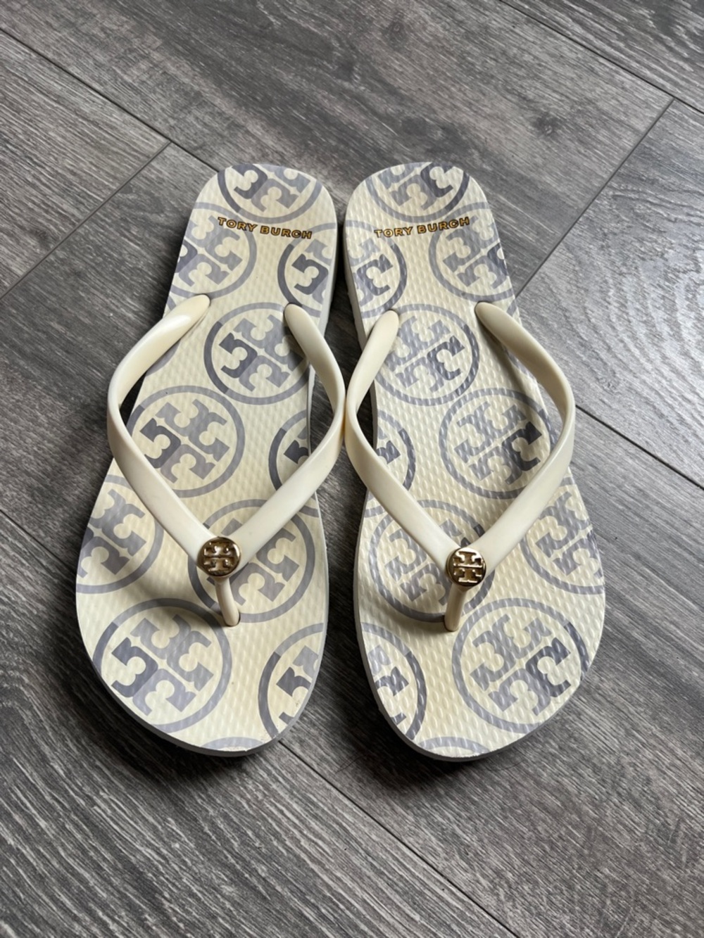 Tory Burch Cream and Gray Logo Flip Flops